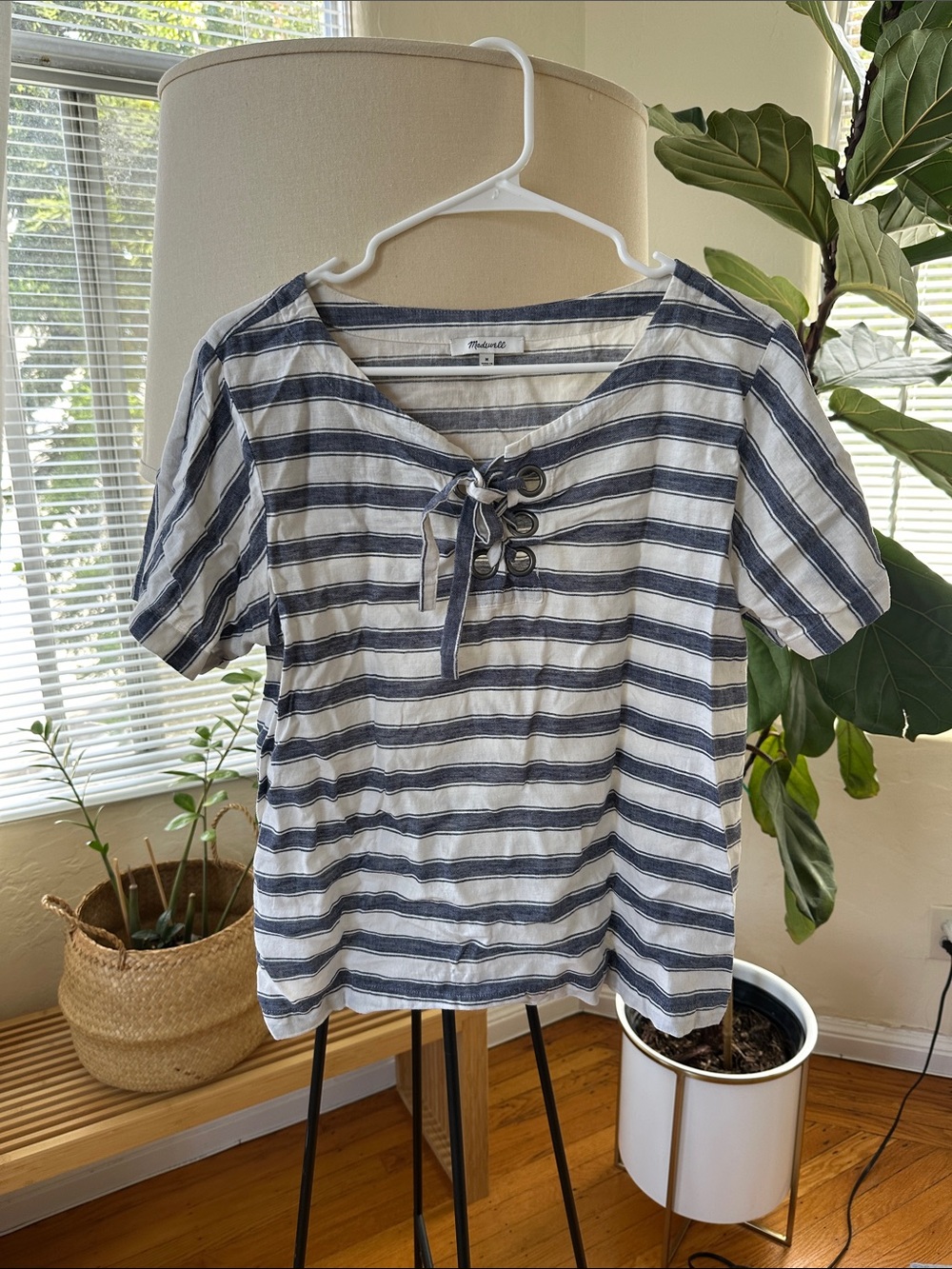 Madewell Blue and White Striped Lace-Up Women’s Top